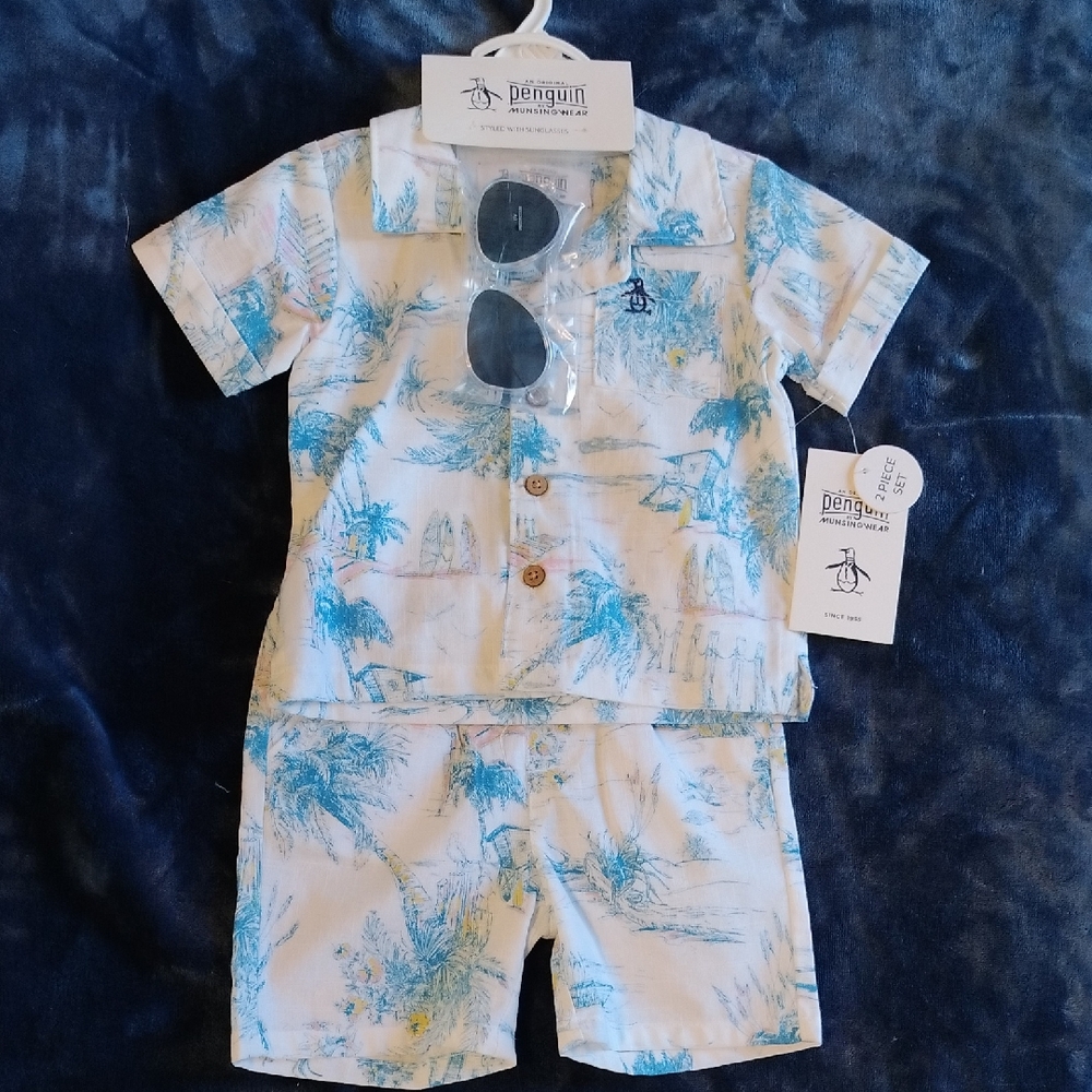 Original Penguin Blue & White Palm Summer Set w/Sunglasses - 12 Months -  NWT